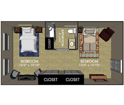 Architectural floor plan of a two-bedroom unit