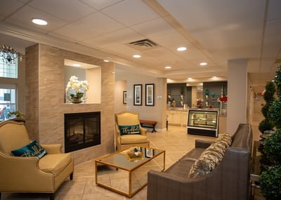 Cozy common area with seating and fireplace