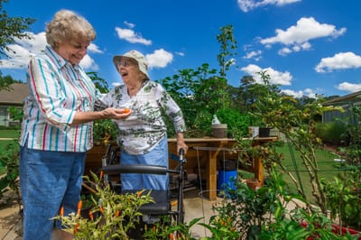 Two residents gardening together in a bright outdoor space.