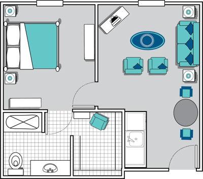 Architectural floor plan of a private resident room