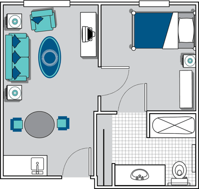 Architectural floor plan of a resident room layout