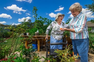 Two elderly women gardening together in a vibrant outdoor space