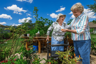 Residents gardening in a sunny outdoor space