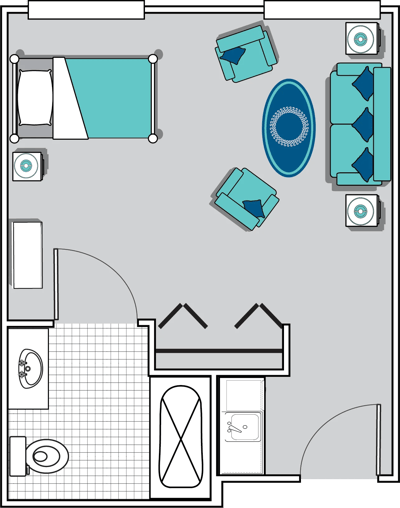 Architectural floor plan of a resident room with bathroom