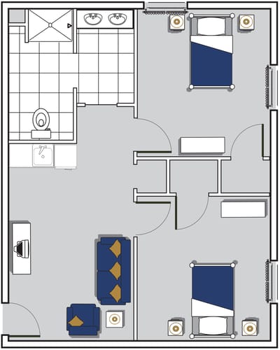 Architectural floor plan of a resident room layout