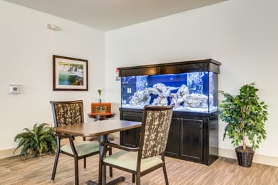 Interior view of a common area featuring an aquarium
