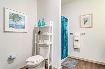 Bright bathroom interior with tropical decor