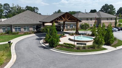 Aerial view of the entrance with landscaped grounds