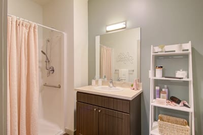 Well-lit bathroom interior with modern fixtures