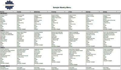 Weekly menu with meals listed for each day