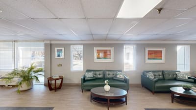 Interior view of a cozy lounge area with green sofas