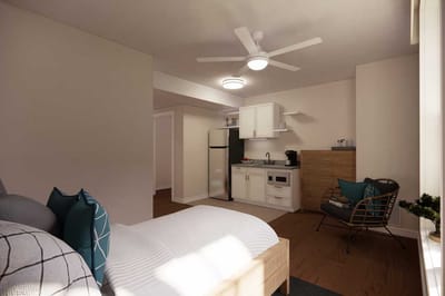 Interior view of a private resident room with amenities