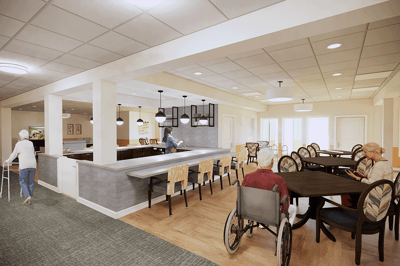 Residents enjoying a meal in a dining room setting