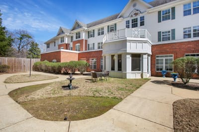 Exterior view of the facility's garden and building