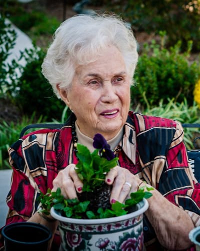 Senior resident planting flowers in an outdoor space
