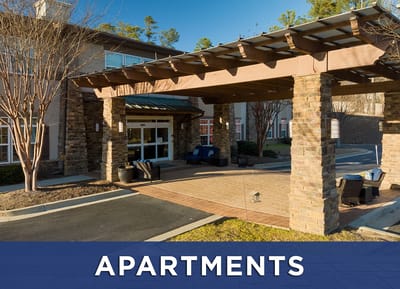 Entrance area of the senior living facility with seating
