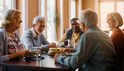 Seniors enjoying a meal together at a dining table