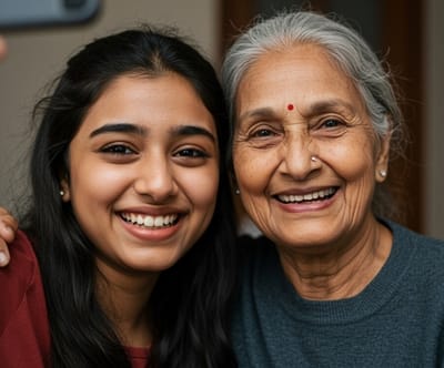 A senior woman and a young girl smiling together