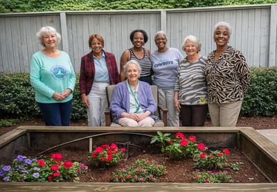 Residents posing together in a garden area