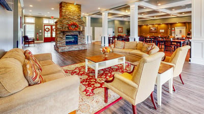 Cozy common area with seating and fireplace
