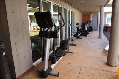 Outdoor fitness area with exercise equipment