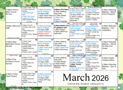 Monthly activity calendar for March 2026