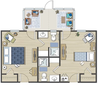 Architectural floor plan showing two living units