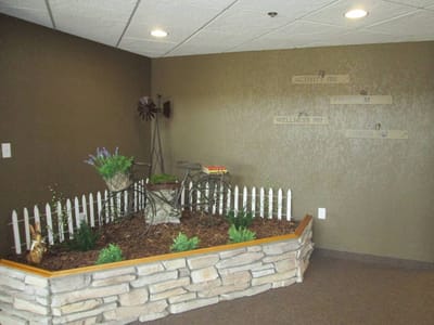 Interior space with seating and decorative plants