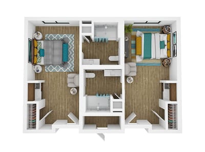 Floor plan of two-bedroom units in a senior living facility
