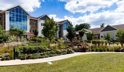 Beautiful landscaped outdoor space at a senior living facility