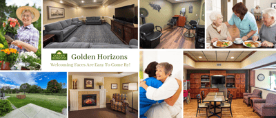 Collage of facility activities, amenities, and logo.