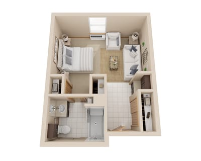 Floor plan of a one-bedroom resident unit