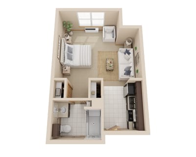 Aerial view of a studio apartment layout in a senior living facility