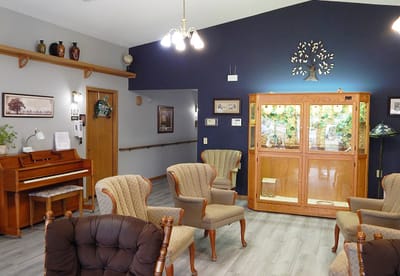 Bright common area with seating and decor