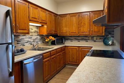 Well-equipped kitchen with wooden cabinets and modern appliances