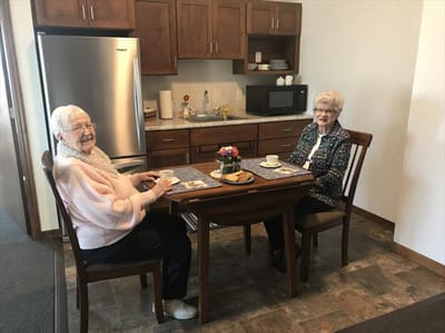 Two residents enjoying a meal in a dining area