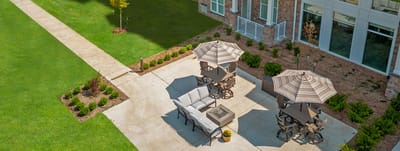Aerial view of an outdoor seating area with umbrellas