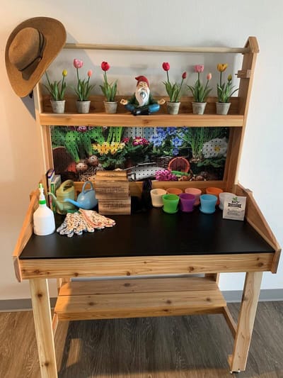 A gardening activity station with decorations