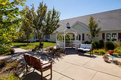Outdoor seating area with gazebo and benches