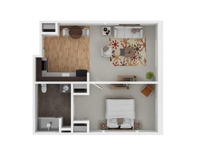 Floor plan of a one-bedroom living unit