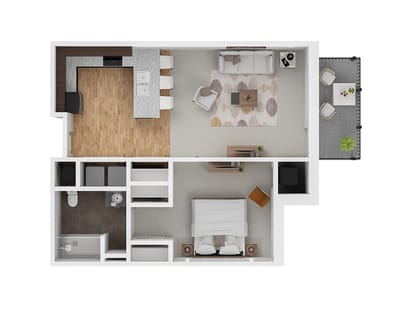 Architectural floor plan of a one-bedroom unit
