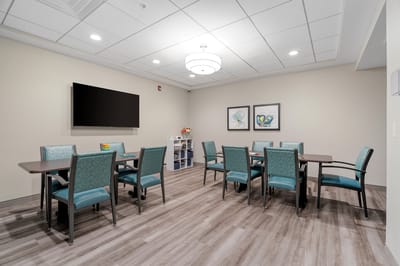 A bright and inviting common area with seating