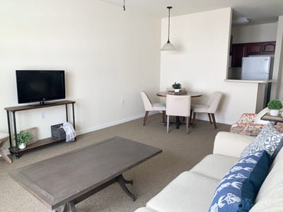 Bright residential living room with dining area