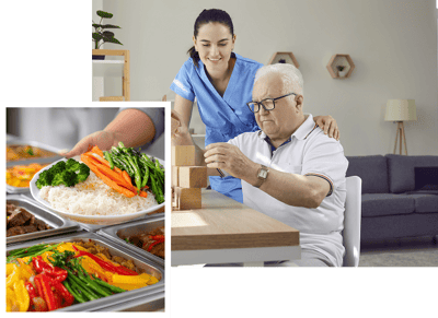 Caregiver assisting a senior resident with blocks and food service.