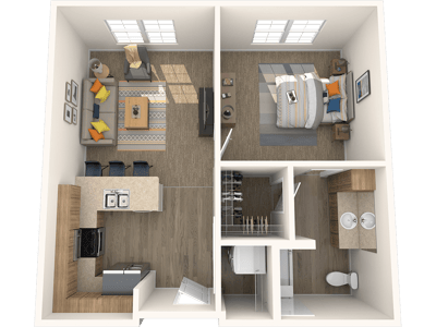 Floor plan of a senior living unit with living area and bedroom