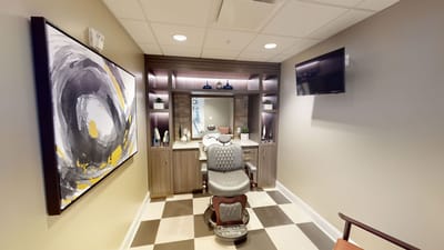 Interior view of a salon area with modern decor