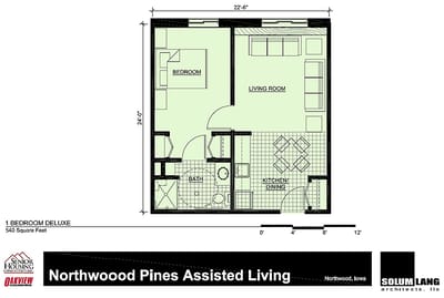 Architectural floor plan of a one-bedroom unit