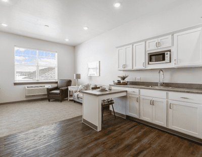 Bright interior of a resident's kitchen area
