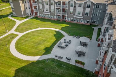 Aerial view of outdoor space with seating and pathways