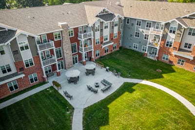 Aerial view of the outdoor space with seating areas